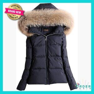 Slim Fit Down Puffer Jacket with Faux Fur Hood Winter Parka Chic
